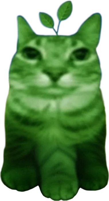 a green cat with a sprout growing out of his head, sitting